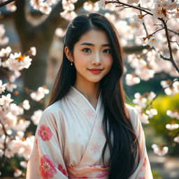 A portrait of a beautiful young Japanese girl with long black hair and striking features, wearing a delicate kimono adorned with floral patterns