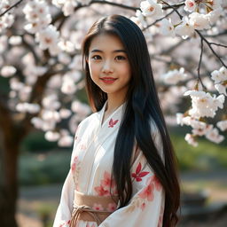 A portrait of a beautiful young Japanese girl with long black hair and striking features, wearing a delicate kimono adorned with floral patterns