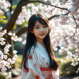 A portrait of a beautiful young Japanese girl with long black hair and striking features, wearing a delicate kimono adorned with floral patterns