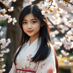 A portrait of a beautiful young Japanese girl with long black hair and striking features, wearing a delicate kimono adorned with floral patterns