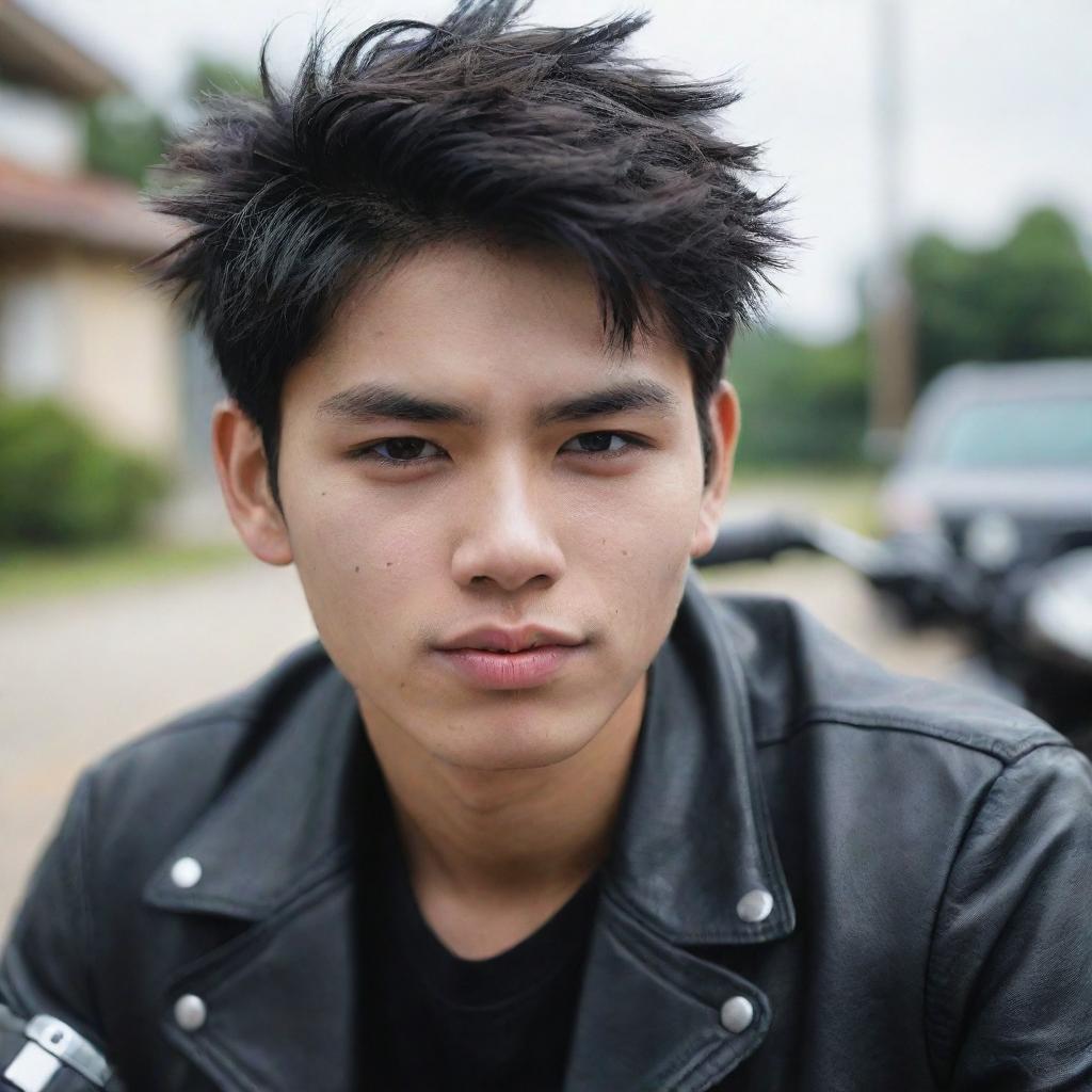 Create an image of a college boy with white skin and Filipino features. He has a sleepy look and a bad-boy persona. He does not have piercings but appears as if he enjoys riding motorcycles.