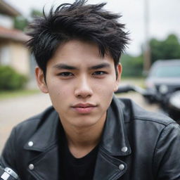 Create an image of a college boy with white skin and Filipino features. He has a sleepy look and a bad-boy persona. He does not have piercings but appears as if he enjoys riding motorcycles.