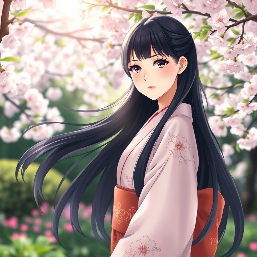 A beautiful young Japanese girl with long, flowing black hair, featuring captivating bright eyes, standing gracefully in a lush, serene garden filled with cherry blossoms