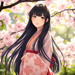 A beautiful young Japanese girl with long, flowing black hair, featuring captivating bright eyes, standing gracefully in a lush, serene garden filled with cherry blossoms