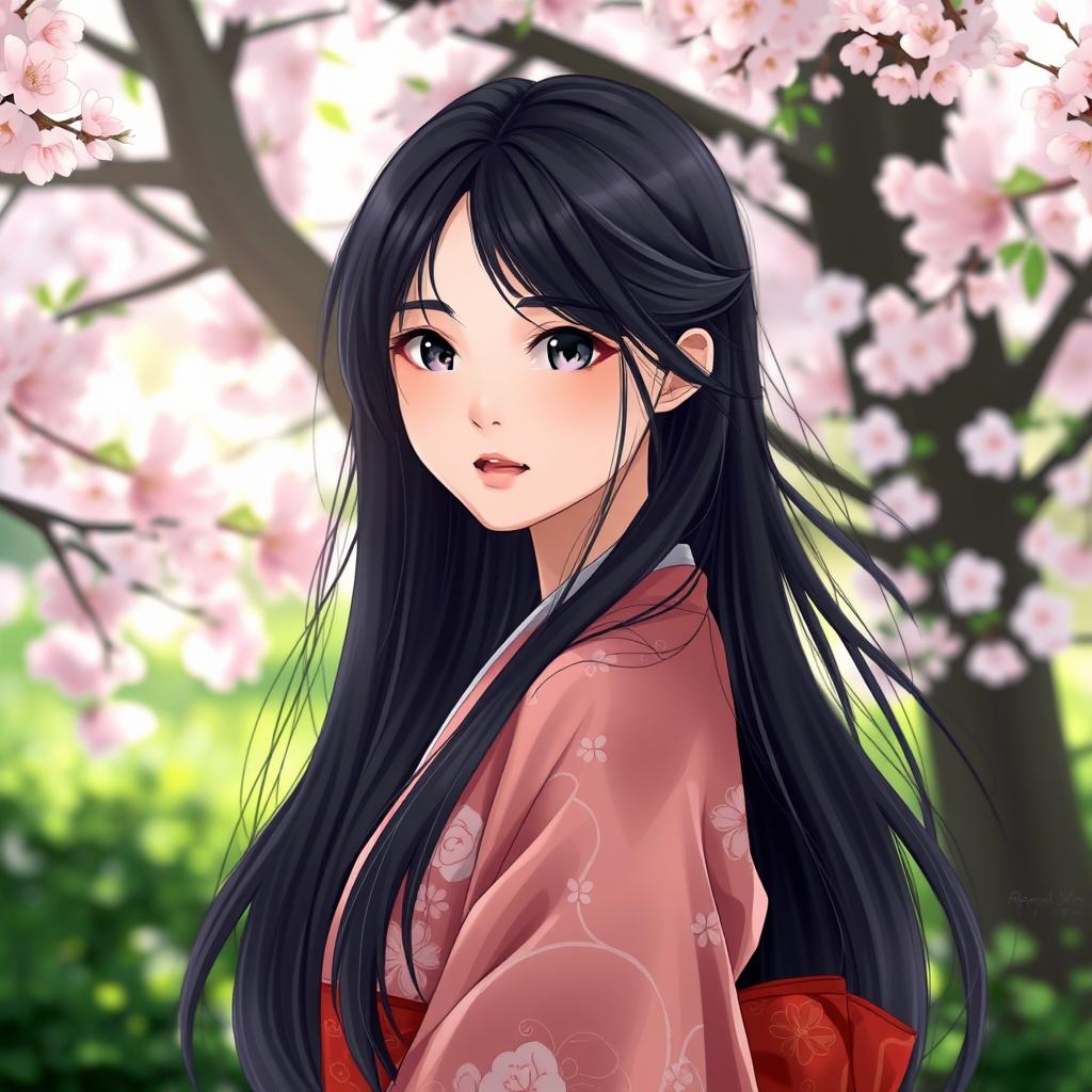 A beautiful young Japanese girl with long, flowing black hair, featuring captivating bright eyes, standing gracefully in a lush, serene garden filled with cherry blossoms