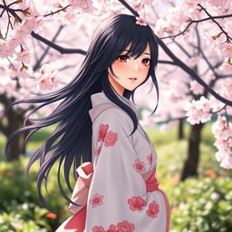 A beautiful young Japanese girl with long, flowing black hair, featuring captivating bright eyes, standing gracefully in a lush, serene garden filled with cherry blossoms