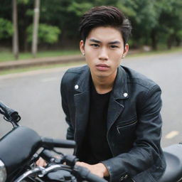 Create an image of a college boy with white skin and Filipino features. He has a sleepy look and a bad-boy persona. He does not have piercings but appears as if he enjoys riding motorcycles.