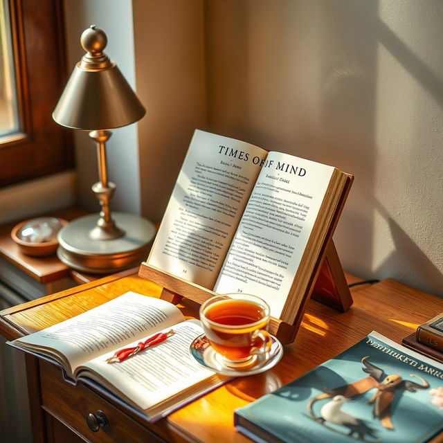 A cozy reading nook featuring a stylish wooden book stand holding the book titled 'Times of Mind' by Deshbhakta Banjade