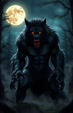 A dramatic scene featuring a fierce werewolf under a full moon