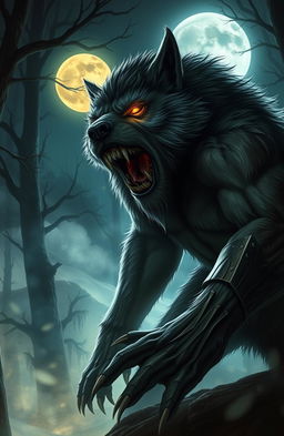 A dramatic scene featuring a fierce werewolf under a full moon