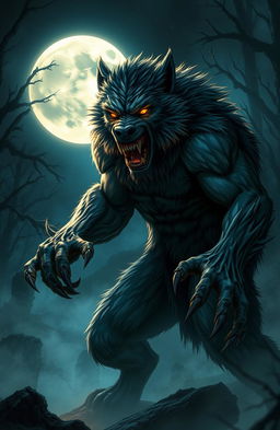 A dramatic scene featuring a fierce werewolf under a full moon