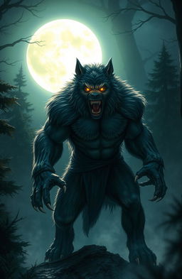 A dramatic scene featuring a fierce werewolf under a full moon