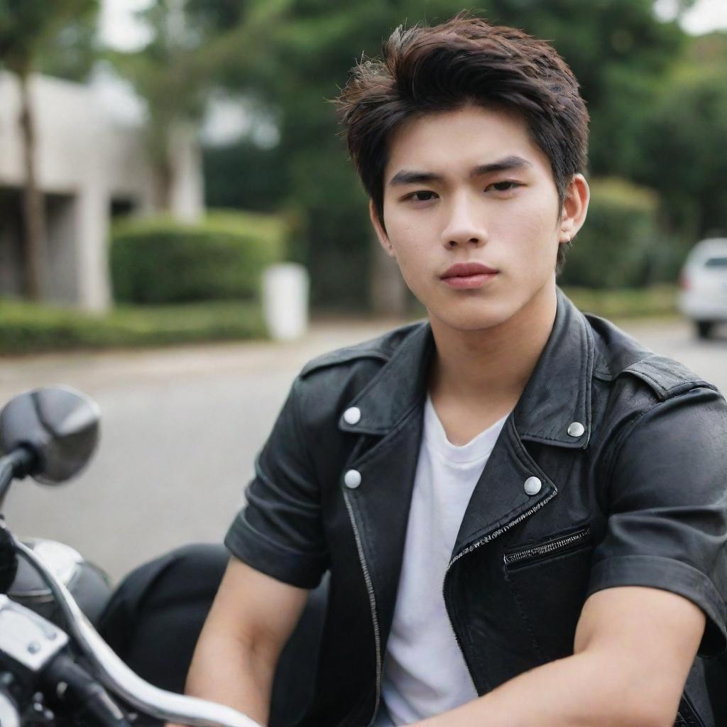 Create an image of a college boy with white skin and Filipino features. He has a sleepy look and a bad-boy persona. He does not have piercings but appears as if he enjoys riding motorcycles.