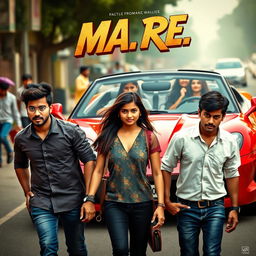 A cinematic action romantic film poster featuring three Indian friends, two boys and a girl, all students from the same college, walking down the road with an expression of anger on their faces