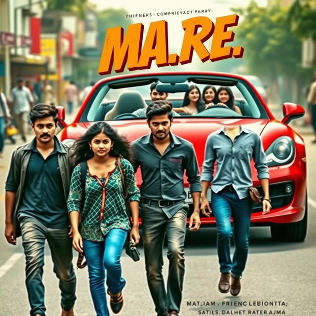 A cinematic action romantic film poster featuring three Indian friends, two boys and a girl, all students from the same college, walking down the road with an expression of anger on their faces