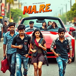 A cinematic action romantic film poster featuring three Indian friends, two boys and a girl, all students from the same college, walking down the road with an expression of anger on their faces