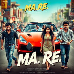 A cinematic action romantic film poster featuring three Indian friends, two boys and a girl, all students from the same college, walking down the road with an expression of anger on their faces