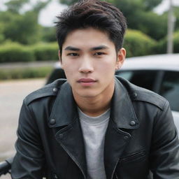 Create an image of a college boy with white skin and Filipino features. He has a sleepy look and a bad-boy persona. He does not have piercings but appears as if he enjoys riding motorcycles.