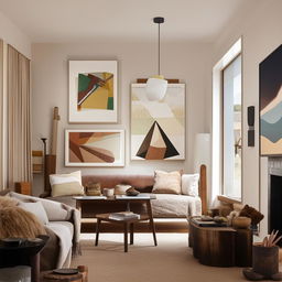 A stylish, comfortable and well-lit living room decorated with contemporary furniture, tasteful artworks, plush cushions and a cozy throw. The color palette is a warm blend of neutrals with pops of earthy shades.