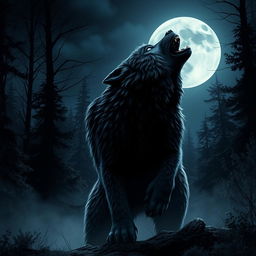 A captivating scene showcasing an imposing werewolf howling at the full moon, surrounded by a mystical moonlit forest