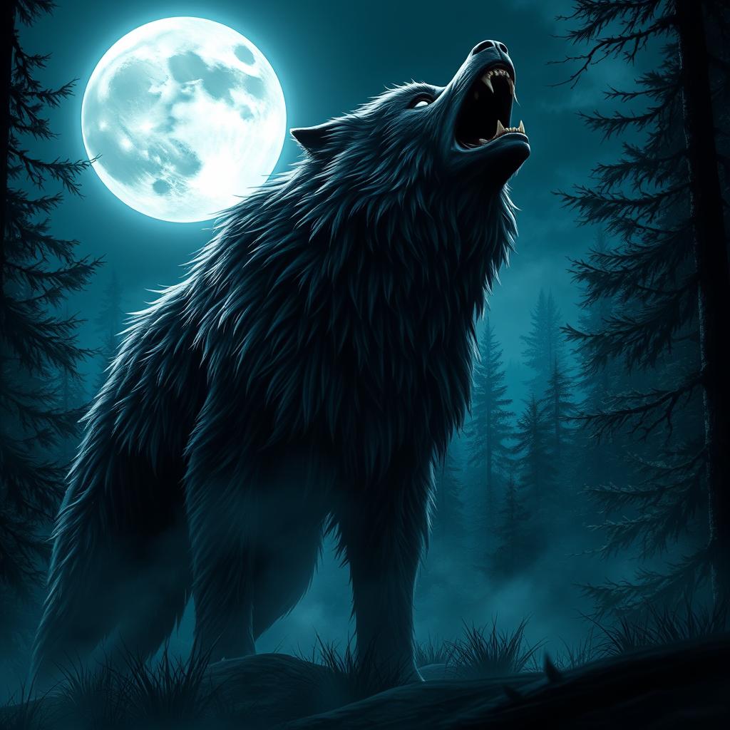 A captivating scene showcasing an imposing werewolf howling at the full moon, surrounded by a mystical moonlit forest