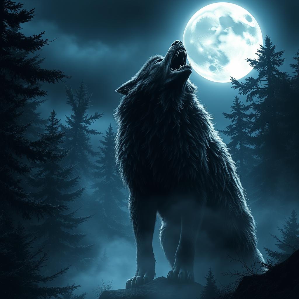 A captivating scene showcasing an imposing werewolf howling at the full moon, surrounded by a mystical moonlit forest