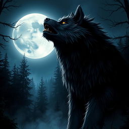 A captivating scene showcasing an imposing werewolf howling at the full moon, surrounded by a mystical moonlit forest