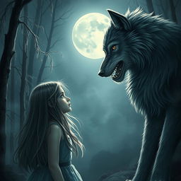 An enchanting scene depicting a werewolf with a feral yet captivating presence meeting a girl in a moonlit forest