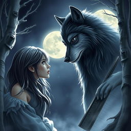 An enchanting scene depicting a werewolf with a feral yet captivating presence meeting a girl in a moonlit forest