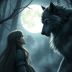 An enchanting scene depicting a werewolf with a feral yet captivating presence meeting a girl in a moonlit forest