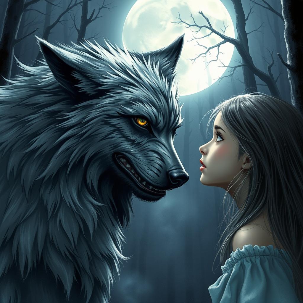 An enchanting scene depicting a werewolf with a feral yet captivating presence meeting a girl in a moonlit forest