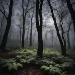 An enchanting image of a mystic forest bathed in the gentle glow of a full moon, fractal patterns made by the leaves dancing in the light.