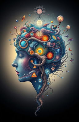 An intricate illustration of the human mind, depicting the various levels of consciousness and subconsciousness as layered and interconnected pathways