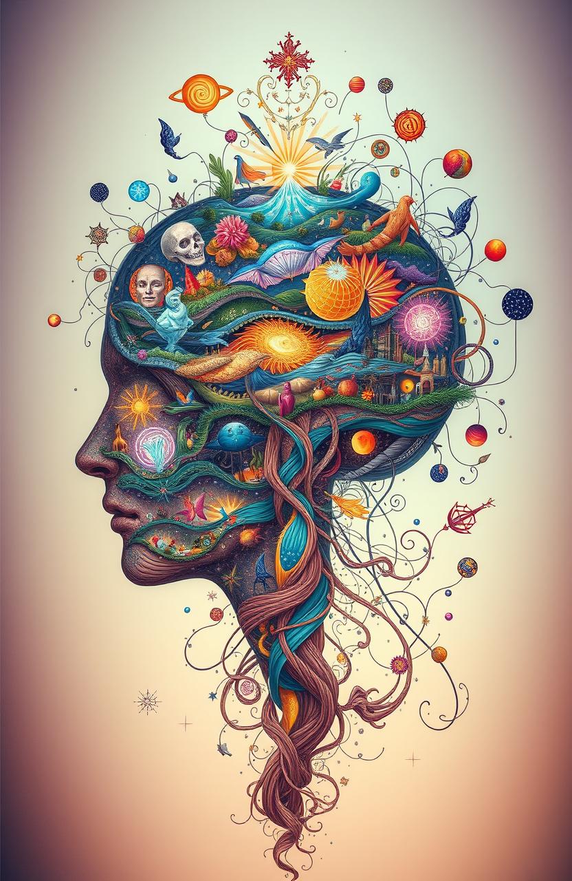 An intricate illustration of the human mind, depicting the various levels of consciousness and subconsciousness as layered and interconnected pathways