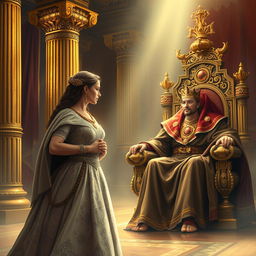 A dramatic and regal scene illustrating Queen Esther approaching King Ahasuerus in the biblical story from Esther 5:1-2