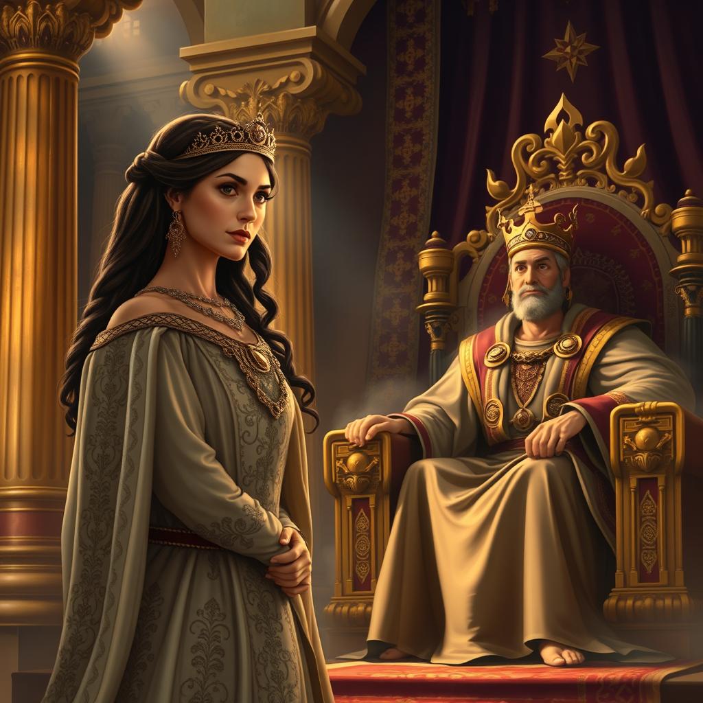 A dramatic and regal scene illustrating Queen Esther approaching King Ahasuerus in the biblical story from Esther 5:1-2