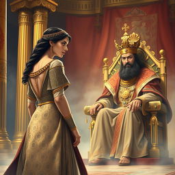 A dramatic and regal scene illustrating Queen Esther approaching King Ahasuerus in the biblical story from Esther 5:1-2