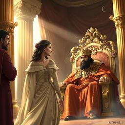 A dramatic and regal scene illustrating Queen Esther approaching King Ahasuerus in the biblical story from Esther 5:1-2