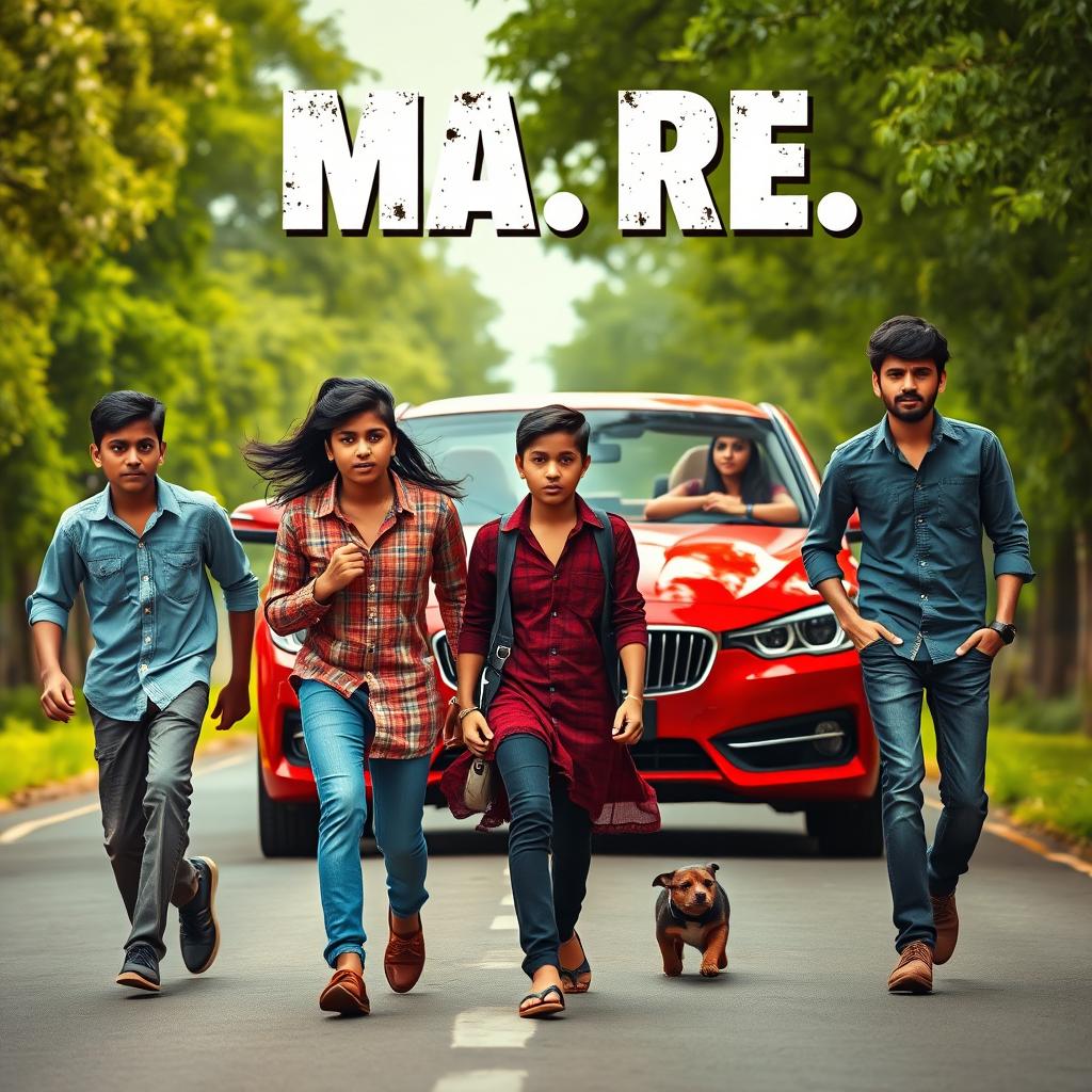 Three Indian friends, two boys and a girl, walking angrily along the road, showcasing their youthful energy and camaraderie