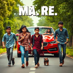 Three Indian friends, two boys and a girl, walking angrily along the road, showcasing their youthful energy and camaraderie