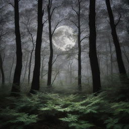 An enchanting image of a mystic forest bathed in the gentle glow of a full moon, fractal patterns made by the leaves dancing in the light.