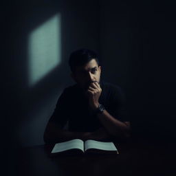 A solitary man deep in thought, seated at a table in a dimly lit room