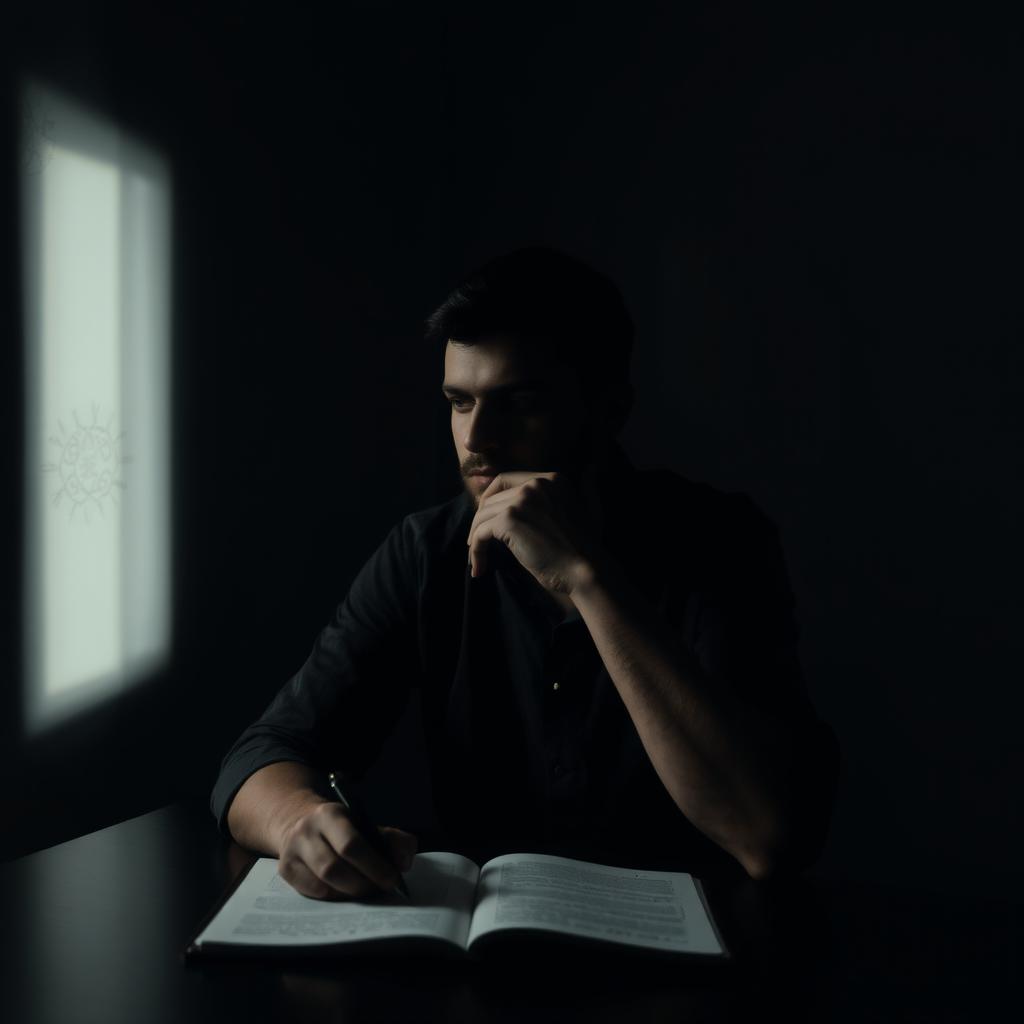 A solitary man deep in thought, seated at a table in a dimly lit room