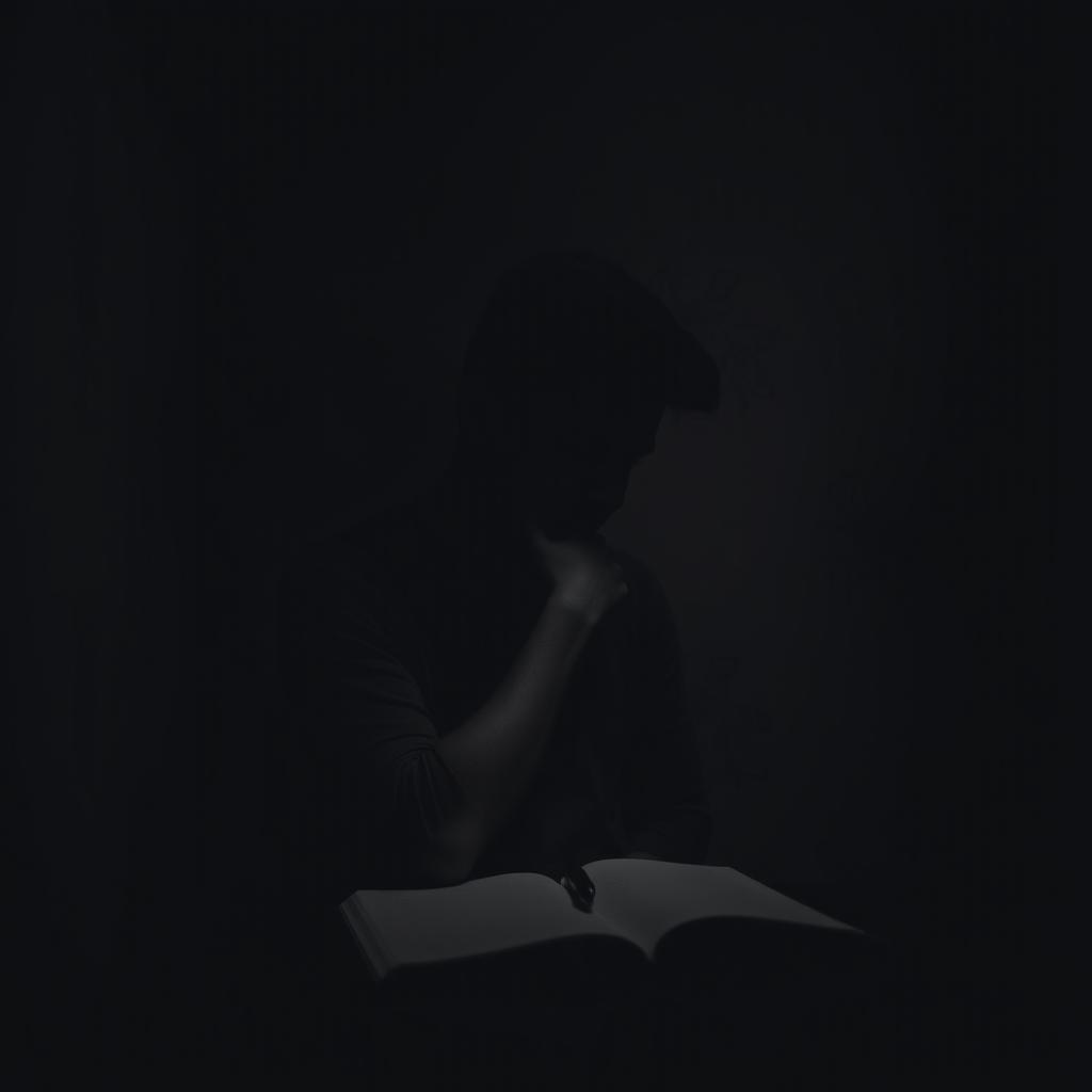 A solitary man deep in thought, seated at a table in a dimly lit room