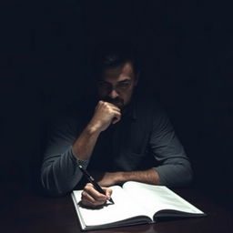 A solitary man deep in thought, seated at a table in a dimly lit room