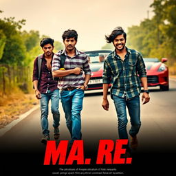 Three Indian friends, two boys and a girl, walking angrily along a road, showcasing their youthful spirit and college attire