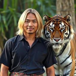 A handsome Indonesian man with shoulder-length blonde hair, wearing a long black shirt and a batik sarong