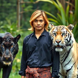 A handsome Indonesian man with shoulder-length blonde hair, wearing a long black shirt and a batik sarong