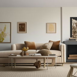 A stylish, comfortable and well-lit living room decorated with contemporary furniture, tasteful artworks, plush cushions and a cozy throw. The color palette is a warm blend of neutrals with pops of earthy shades.