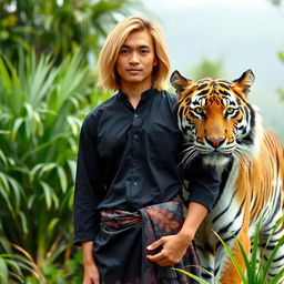 A handsome Indonesian man with shoulder-length blonde hair, wearing a long black shirt and a batik sarong